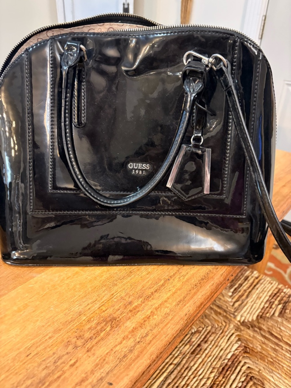 GUESS Black Patent Dome Satchel with Silver Hardware